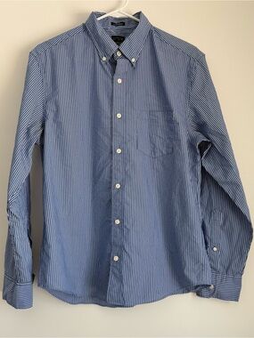 New with Flaw J. Crew Blue and White Striped Button-Up Cotton Size Medium